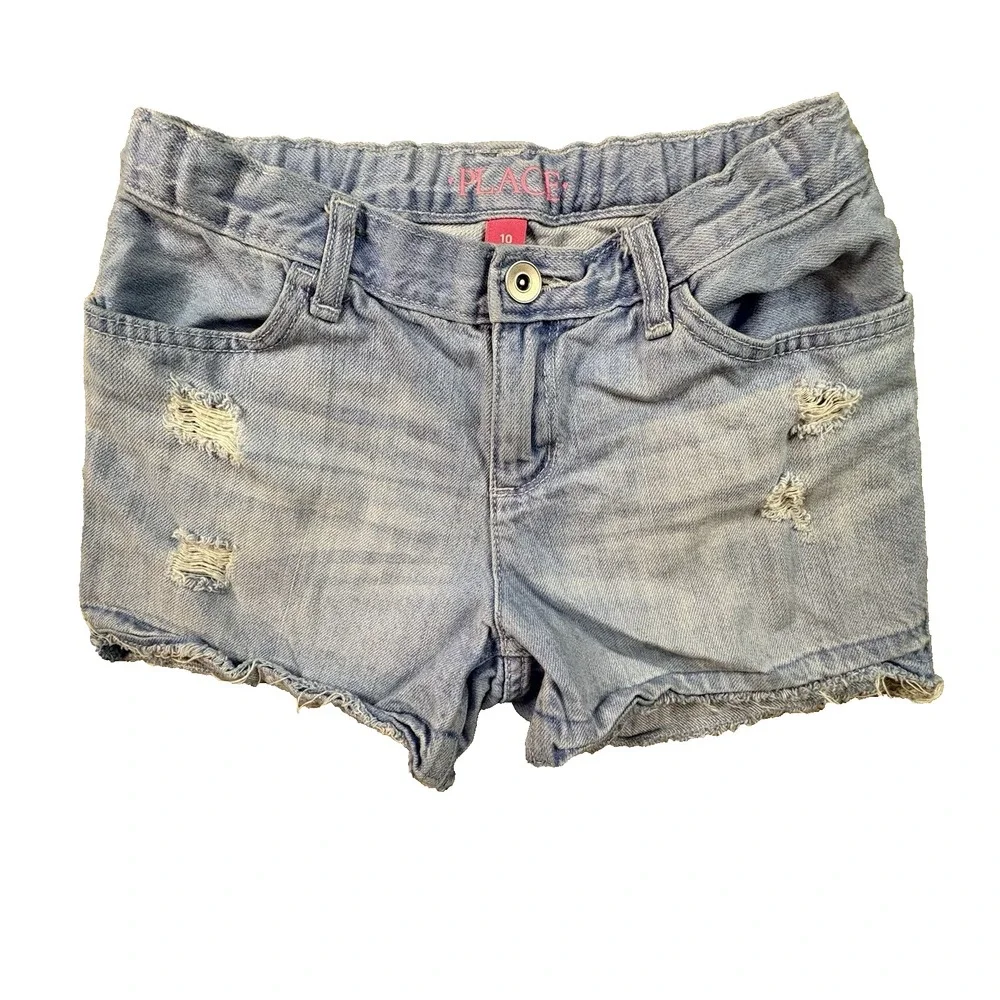 The Childrens Place Girls 10 (24.5x3) Blue Distressed Cutoff Frayed Denim Shorts